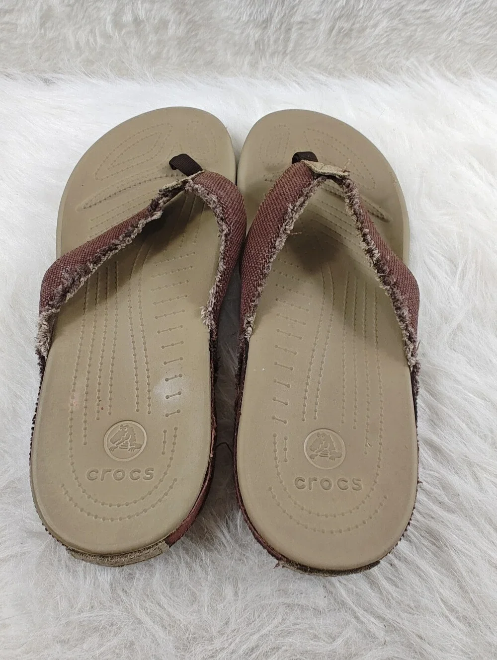 Crocs Dual Comfort Khaki Canvas Fabric Flip Flop Sandals Men's Size 12 Comfort